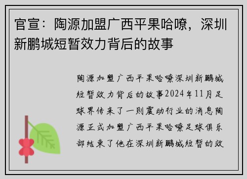 官宣：陶源加盟广西平果哈嘹，深圳新鹏城短暂效力背后的故事