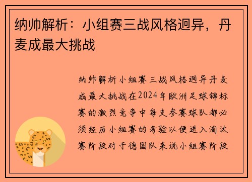 纳帅解析：小组赛三战风格迥异，丹麦成最大挑战