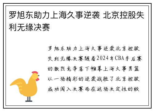 罗旭东助力上海久事逆袭 北京控股失利无缘决赛