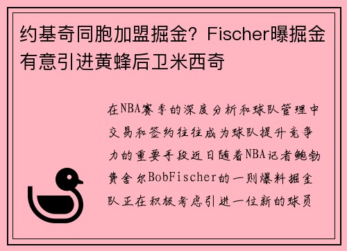 约基奇同胞加盟掘金？Fischer曝掘金有意引进黄蜂后卫米西奇