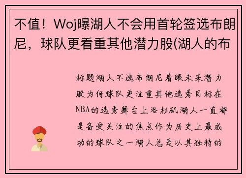 不值！Woj曝湖人不会用首轮签选布朗尼，球队更看重其他潜力股(湖人的布朗)