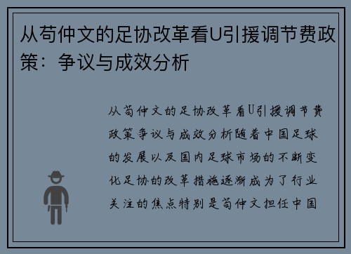 从苟仲文的足协改革看U引援调节费政策：争议与成效分析