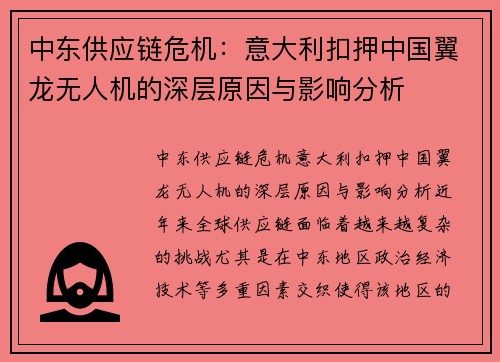 中东供应链危机：意大利扣押中国翼龙无人机的深层原因与影响分析