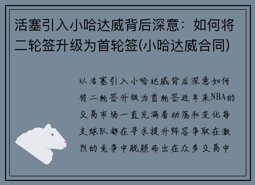 活塞引入小哈达威背后深意：如何将二轮签升级为首轮签(小哈达威合同)