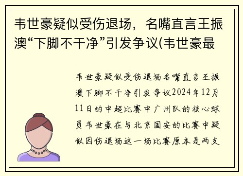 韦世豪疑似受伤退场，名嘴直言王振澳“下脚不干净”引发争议(韦世豪最新)