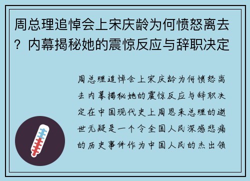 周总理追悼会上宋庆龄为何愤怒离去？内幕揭秘她的震惊反应与辞职决定