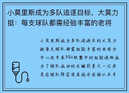 小莫里斯成为多队追逐目标，大莫力挺：每支球队都需经验丰富的老将