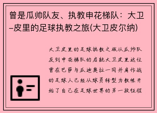曾是瓜帅队友、执教申花梯队：大卫-皮里的足球执教之旅(大卫皮尔纳)